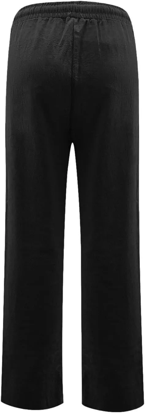 midelxp Cotton Linen Pants Women Summer Lightweight Drawstring Waist Lounge Pants Straight Leg Slim Fit Comfy Work Trousers