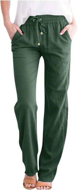 midelxp Cotton Linen Pants Women Summer Lightweight Drawstring Waist Lounge Pants Straight Leg Slim Fit Comfy Work Trousers