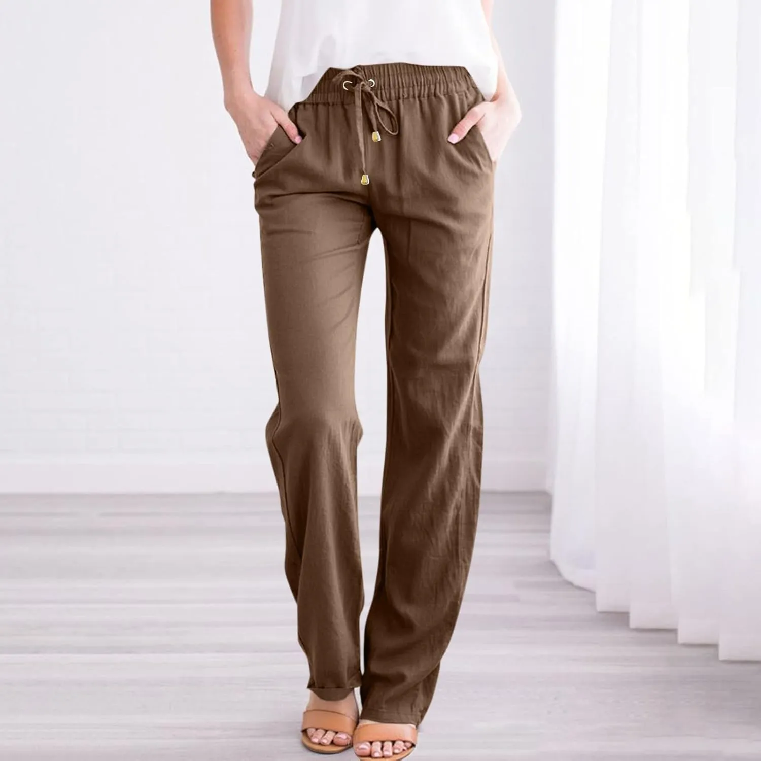 midelxp Cotton Linen Pants Women Summer Lightweight Drawstring Waist Lounge Pants Straight Leg Slim Fit Comfy Work Trousers