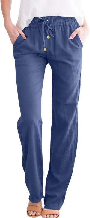 midelxp Cotton Linen Pants Women Summer Lightweight Drawstring Waist Lounge Pants Straight Leg Slim Fit Comfy Work Trousers