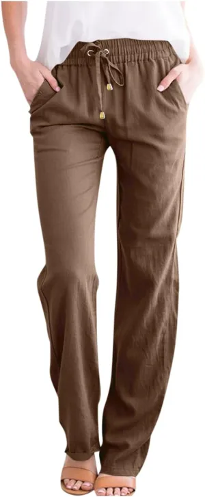 midelxp Cotton Linen Pants Women Summer Lightweight Drawstring Waist Lounge Pants Straight Leg Slim Fit Comfy Work Trousers