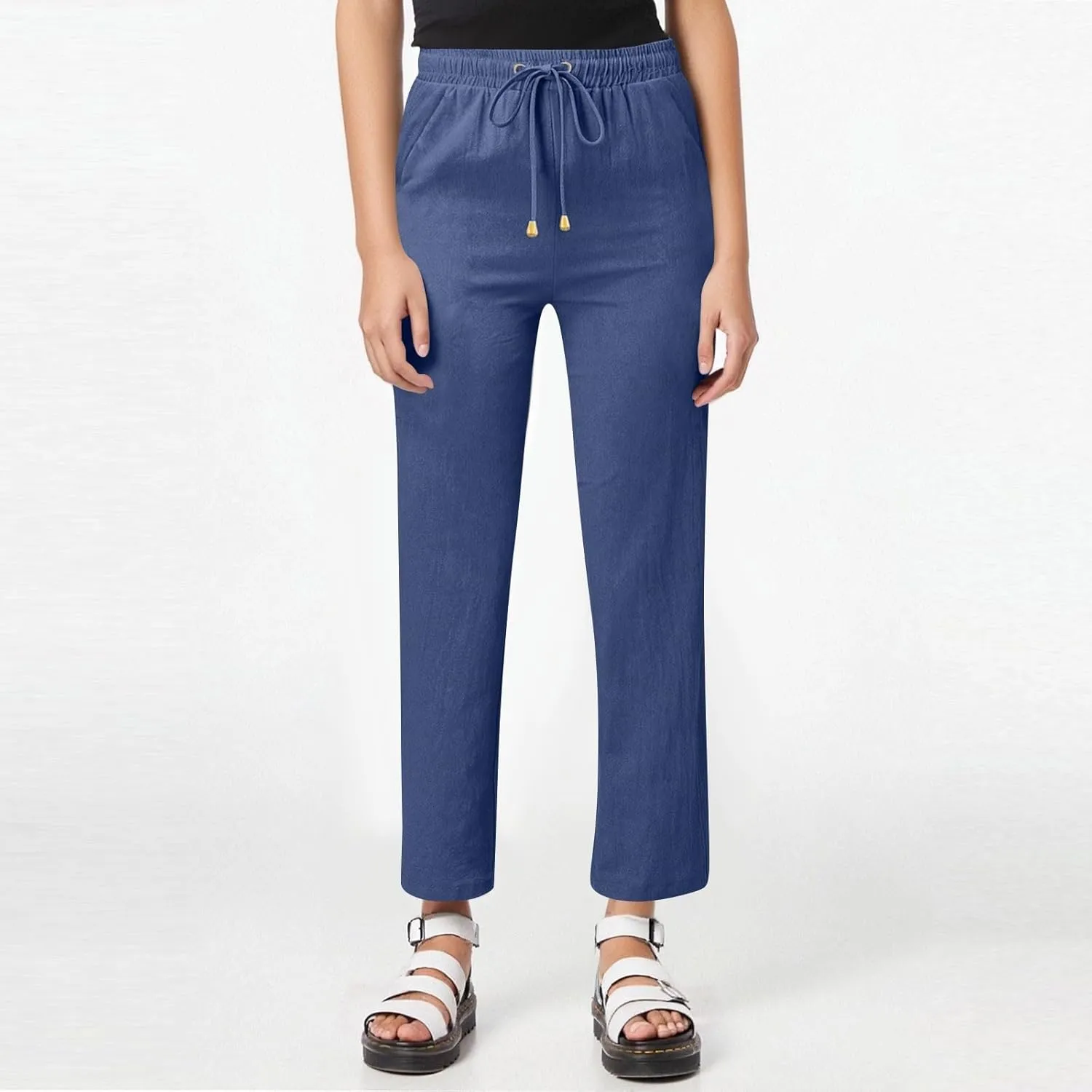 midelxp Cotton Linen Pants Women Summer Lightweight Drawstring Waist Lounge Pants Straight Leg Slim Fit Comfy Work Trousers