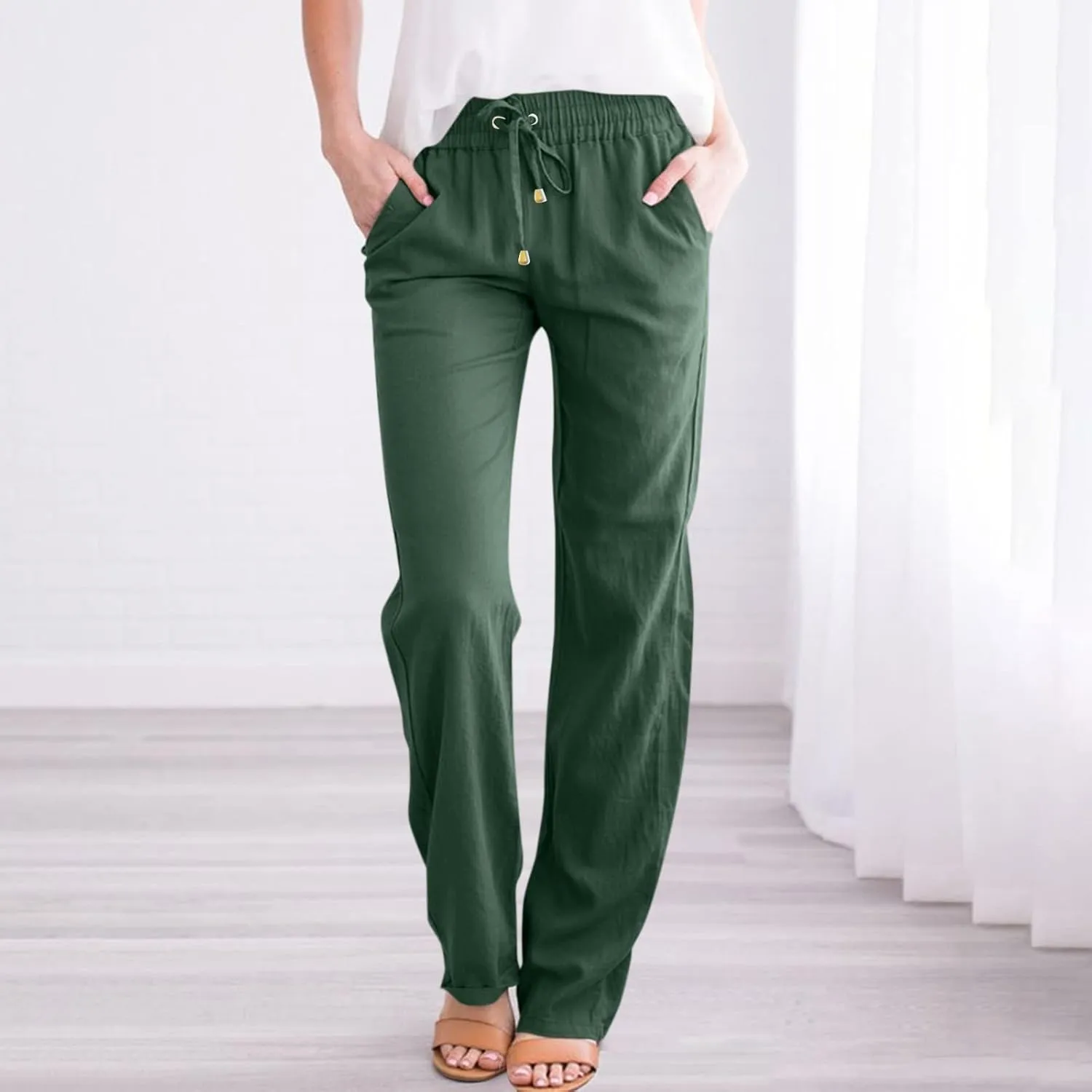 midelxp Cotton Linen Pants Women Summer Lightweight Drawstring Waist Lounge Pants Straight Leg Slim Fit Comfy Work Trousers