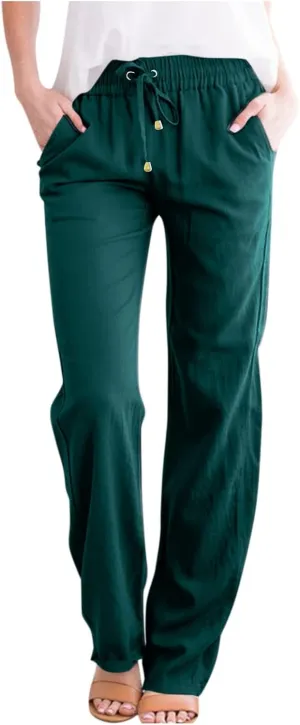 midelxp Cotton Linen Pants Women Summer Lightweight Drawstring Waist Lounge Pants Straight Leg Slim Fit Comfy Work Trousers