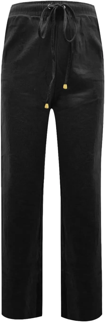 midelxp Cotton Linen Pants Women Summer Lightweight Drawstring Waist Lounge Pants Straight Leg Slim Fit Comfy Work Trousers