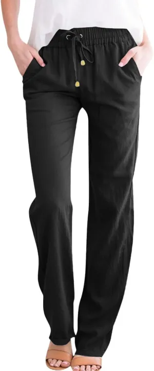 midelxp Cotton Linen Pants Women Summer Lightweight Drawstring Waist Lounge Pants Straight Leg Slim Fit Comfy Work Trousers