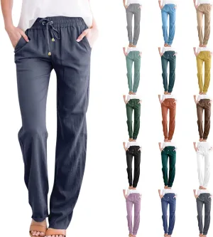 midelxp Cotton Linen Pants Women Summer Lightweight Drawstring Waist Lounge Pants Straight Leg Slim Fit Comfy Work Trousers