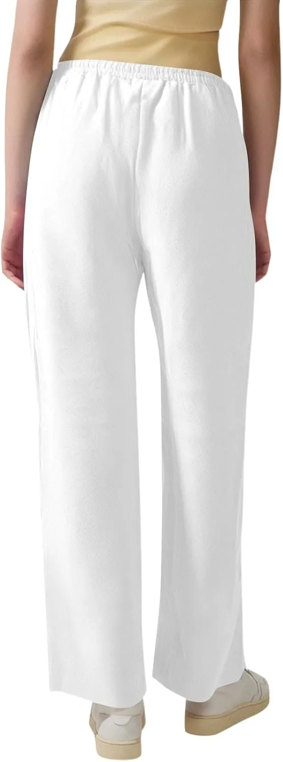 midelxp Cotton Linen Pants Women Summer Lightweight Drawstring Waist Lounge Pants Straight Leg Slim Fit Comfy Work Trousers