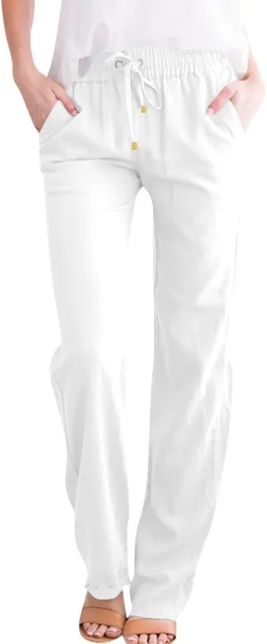 midelxp Cotton Linen Pants Women Summer Lightweight Drawstring Waist Lounge Pants Straight Leg Slim Fit Comfy Work Trousers