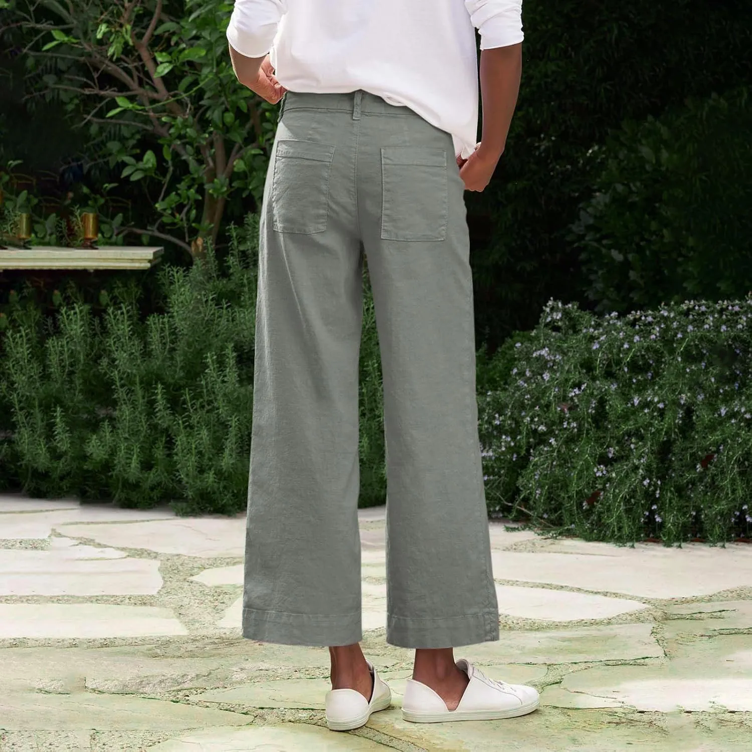 midelxp Cropped Linen Pants Women Dressy Summer Lightweight Flare Capri Pants with Pockets Formal Business Casual Work Pants