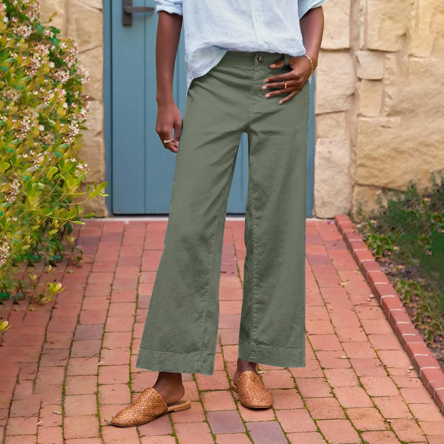 midelxp Cropped Linen Pants Women Dressy Summer Lightweight Flare Capri Pants with Pockets Formal Business Casual Work Pants