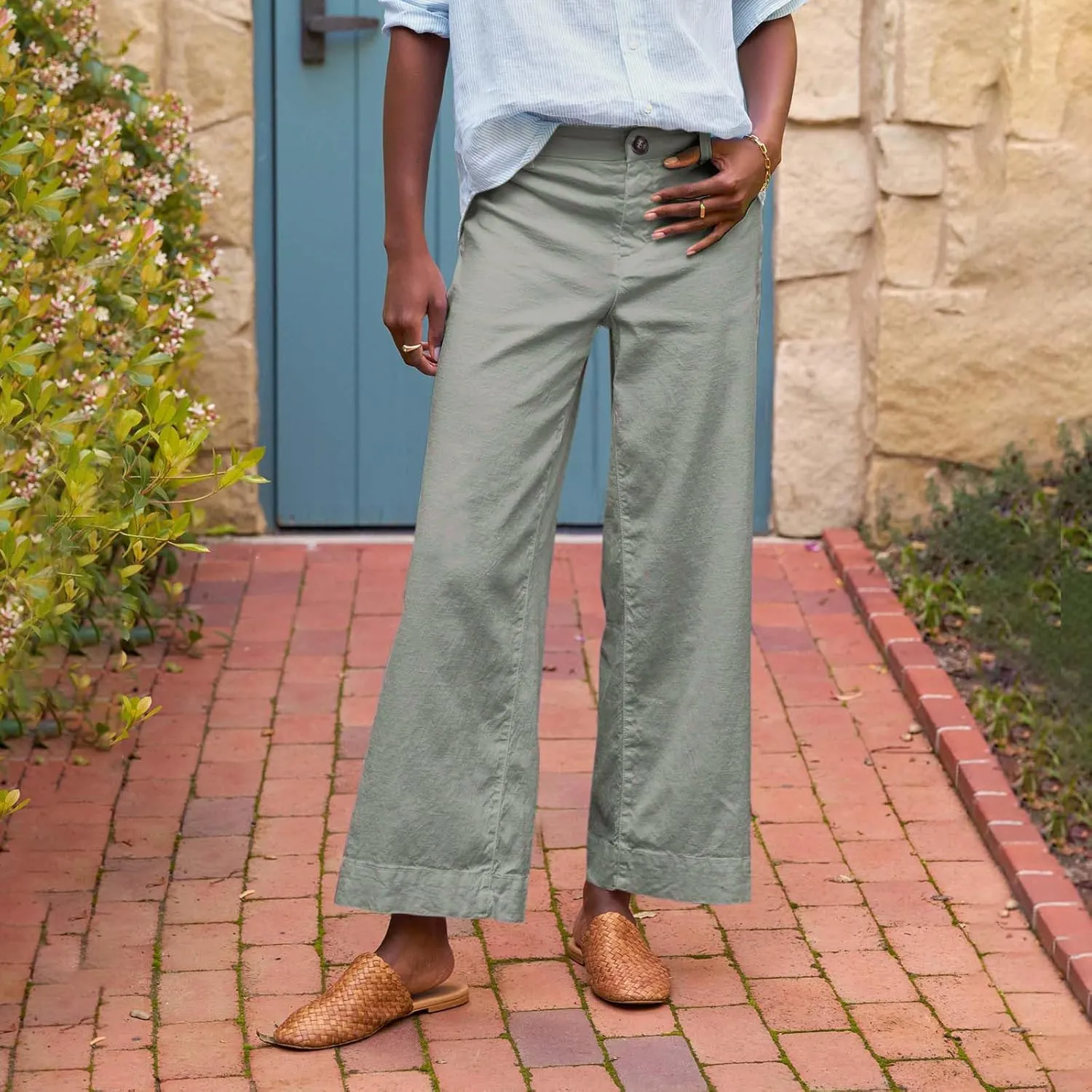 midelxp Cropped Linen Pants Women Dressy Summer Lightweight Flare Capri Pants with Pockets Formal Business Casual Work Pants