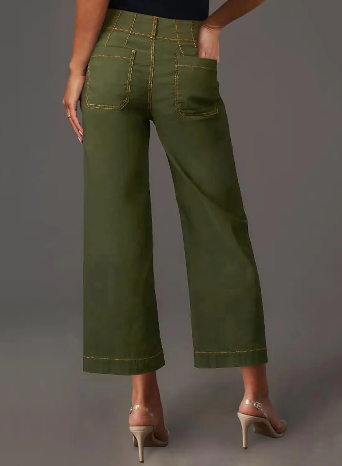 miduo Womens High Waisted Cropped Wide Leg Stretchy Straight Pants Trousers with Pockets