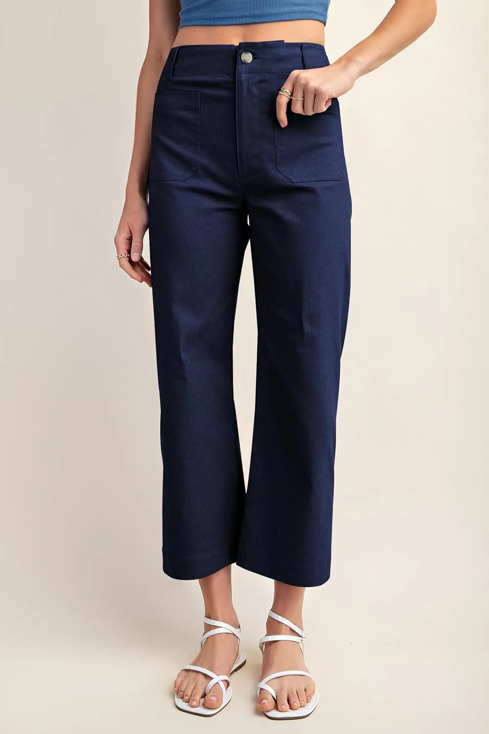 miduo Womens High Waisted Cropped Wide Leg Stretchy Straight Pants Trousers with Pockets