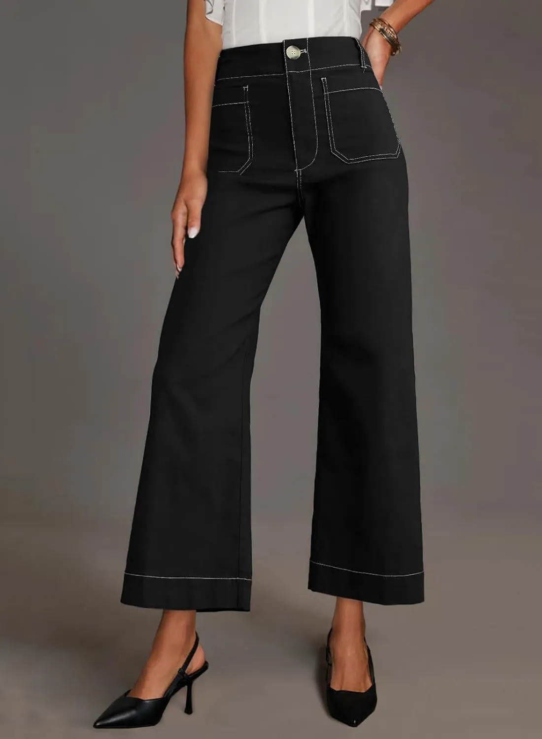 miduo Womens High Waisted Cropped Wide Leg Stretchy Straight Pants Trousers with Pockets