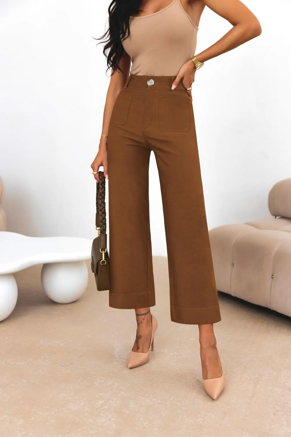 miduo Womens High Waisted Cropped Wide Leg Stretchy Straight Pants Trousers with Pockets