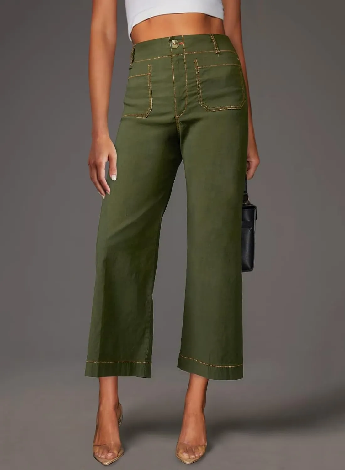 miduo Womens High Waisted Cropped Wide Leg Stretchy Straight Pants Trousers with Pockets