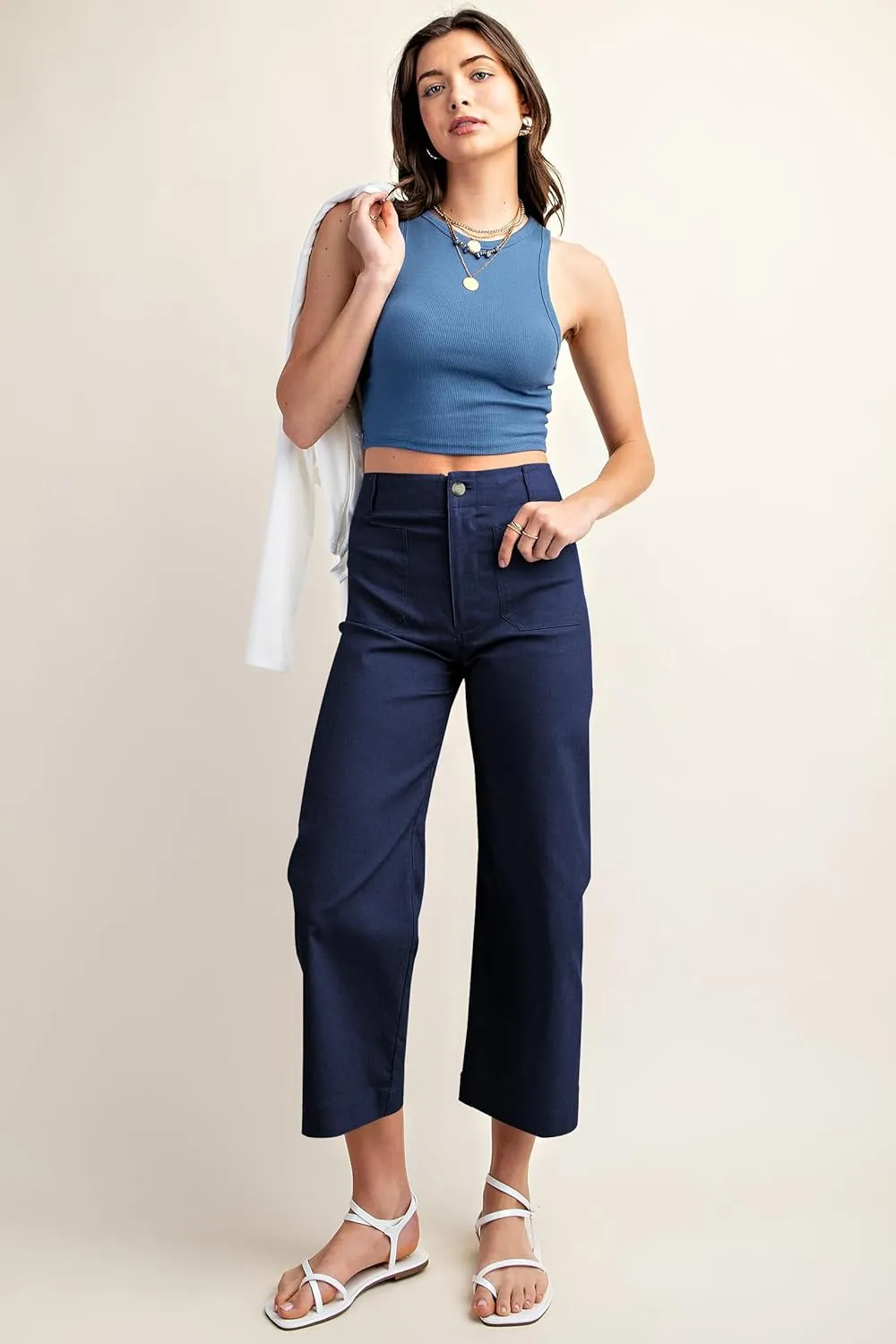 miduo Womens High Waisted Cropped Wide Leg Stretchy Straight Pants Trousers with Pockets
