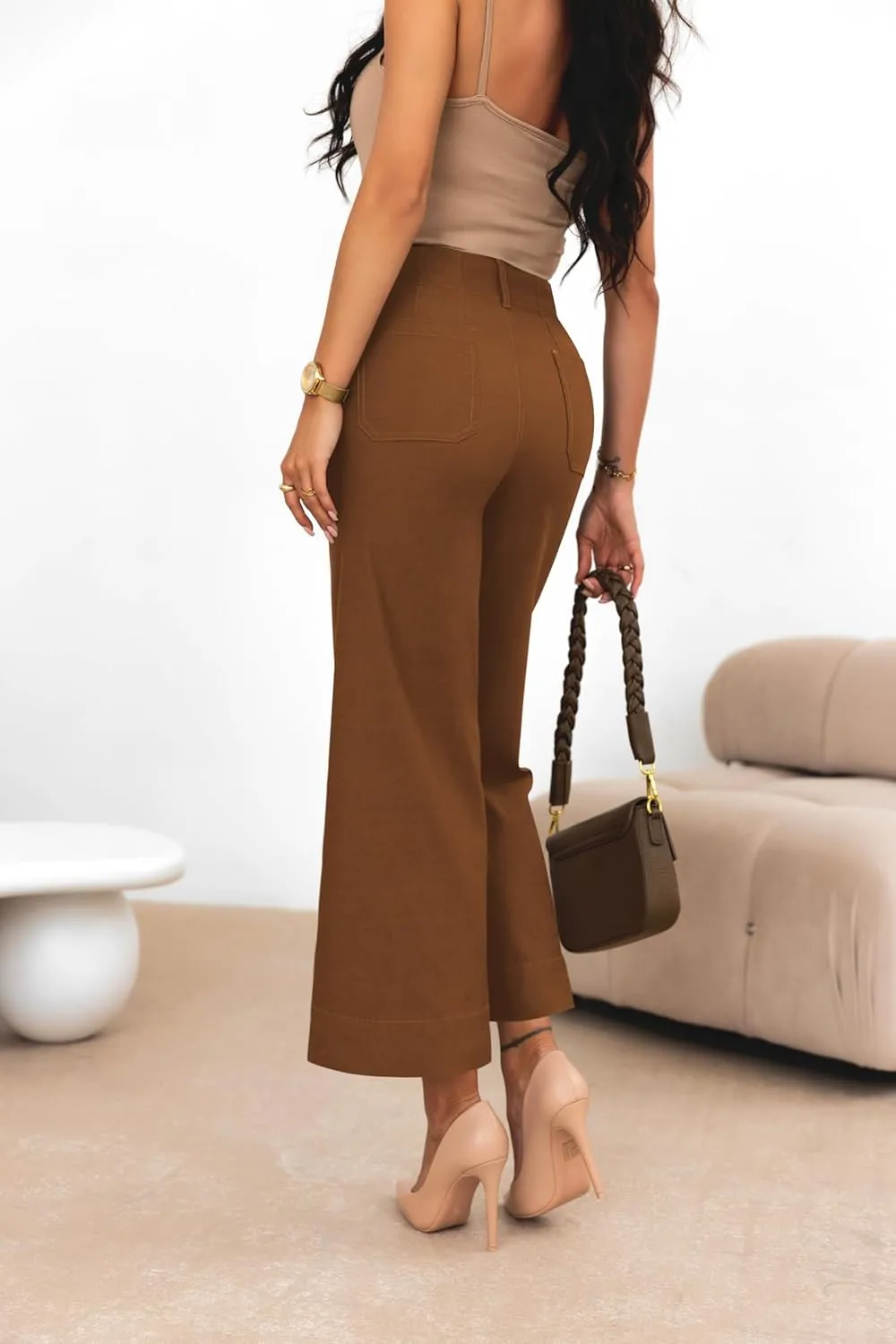 miduo Womens High Waisted Cropped Wide Leg Stretchy Straight Pants Trousers with Pockets