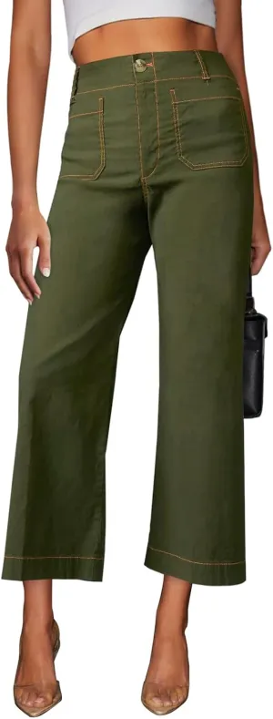 miduo Womens High Waisted Cropped Wide Leg Stretchy Straight Pants Trousers with Pockets