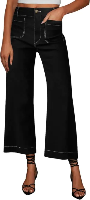 miduo Womens High Waisted Cropped Wide Leg Stretchy Straight Pants Trousers with Pockets