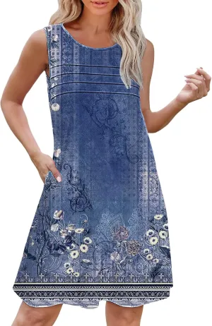 Minn Summer Dress Womens with Pockets Summer Casual Tank Dress Sleeveless Midi Beach Dress Beach Linen Dress Denim