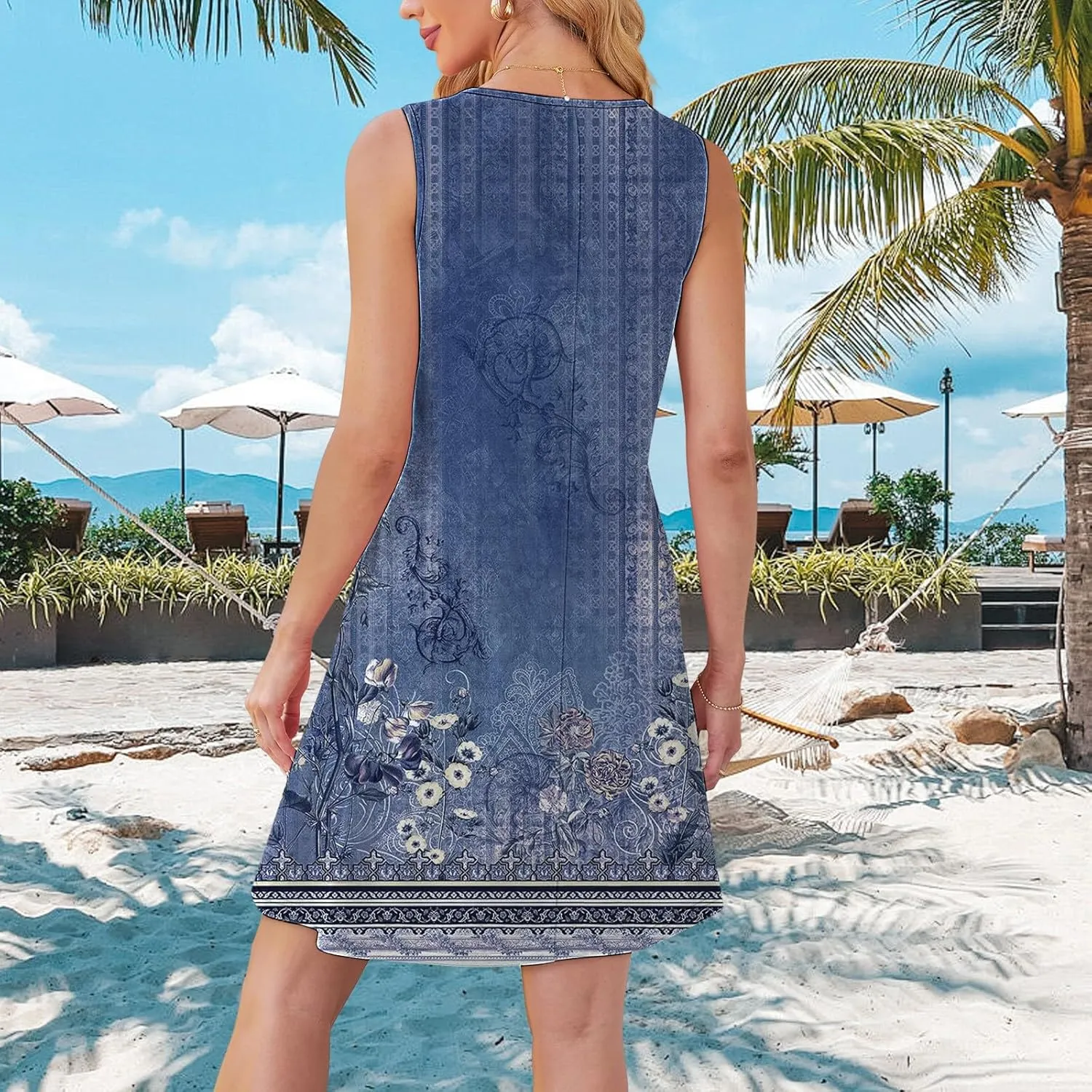 Minn Summer Dress Womens with Pockets Summer Casual Tank Dress Sleeveless Midi Beach Dress Beach Linen Dress Denim