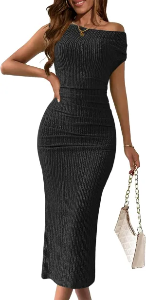 MITIYYL Women's 2025 Summer Formal Midi Dress Elegant One Shoulder Bodycon Ruched Wedding Guest Cocktail Dress