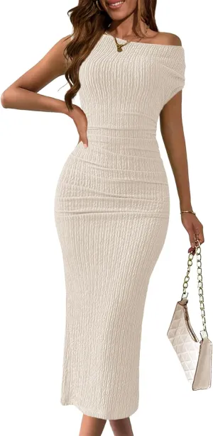 MITIYYL Women's 2025 Summer Formal Midi Dress Elegant One Shoulder Bodycon Ruched Wedding Guest Cocktail Dress