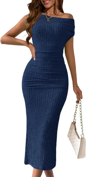 MITIYYL Women's 2025 Summer Formal Midi Dress Elegant One Shoulder Bodycon Ruched Wedding Guest Cocktail Dress