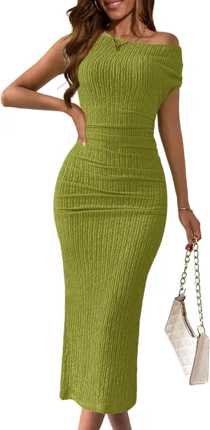 MITIYYL Women's 2025 Summer Formal Midi Dress Elegant One Shoulder Bodycon Ruched Wedding Guest Cocktail Dress