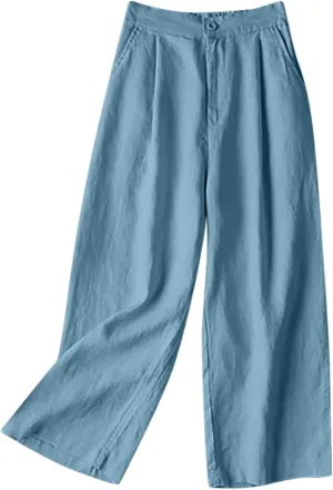 Miyaomn Casual Solid Wide Leg Pants for Women Cotton Linen High Waisted Straight Leg Regular Fit Pull-On Trousers with Pocket