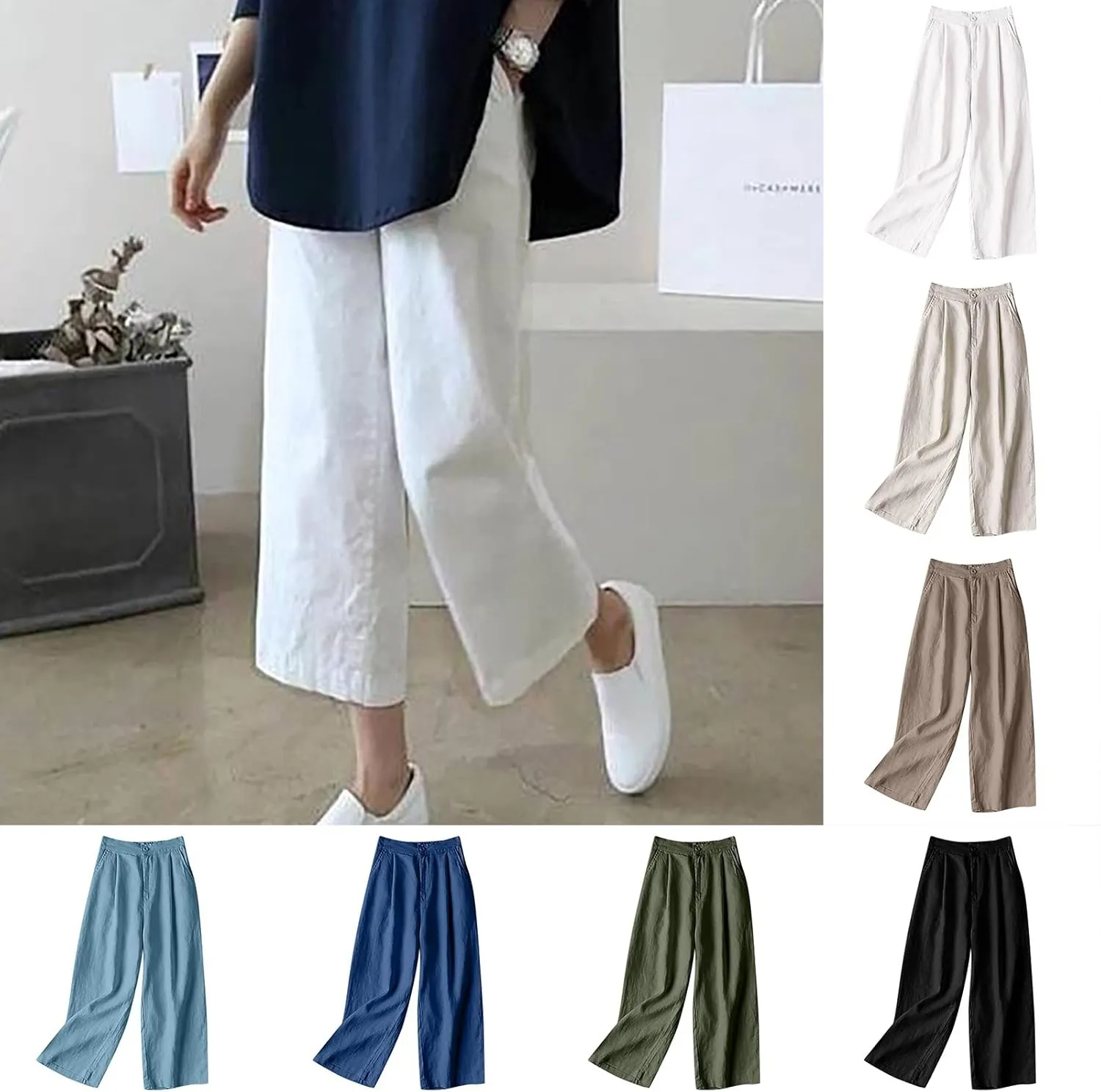 Miyaomn Casual Solid Wide Leg Pants for Women Cotton Linen High Waisted Straight Leg Regular Fit Pull-On Trousers with Pocket