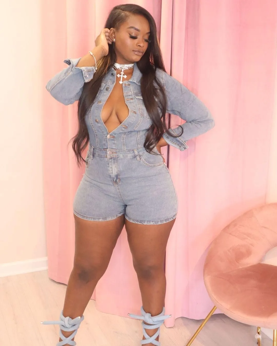 Molilove Women's Vintage Short Denim Jumpsuit Long Sleeve Button Down Jean Jumpsuit Rompers with Pockets
