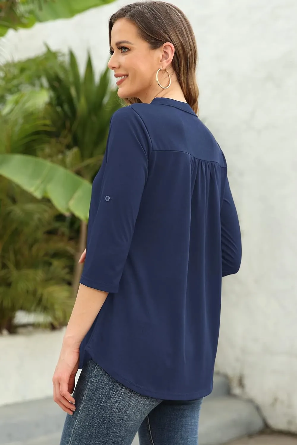 Ninedaily Womens Tops Dressy Casual 3/4 Sleeve V Neck Chiffon Shirt Work Blouses