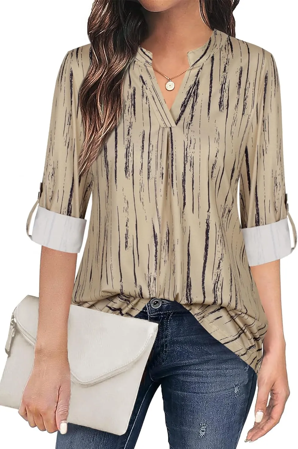 Ninedaily Womens Tops Dressy Casual 3/4 Sleeve V Neck Chiffon Shirt Work Blouses