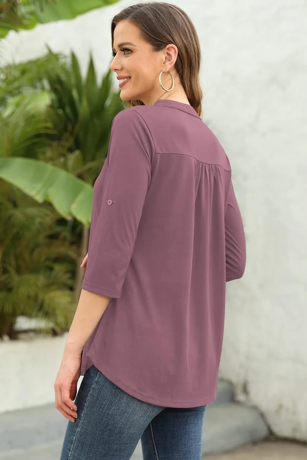 Ninedaily Womens Tops Dressy Casual 3/4 Sleeve V Neck Chiffon Shirt Work Blouses