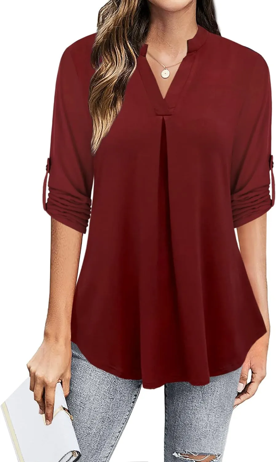 Ninedaily Womens Tops Dressy Casual 3/4 Sleeve V Neck Chiffon Shirt Work Blouses