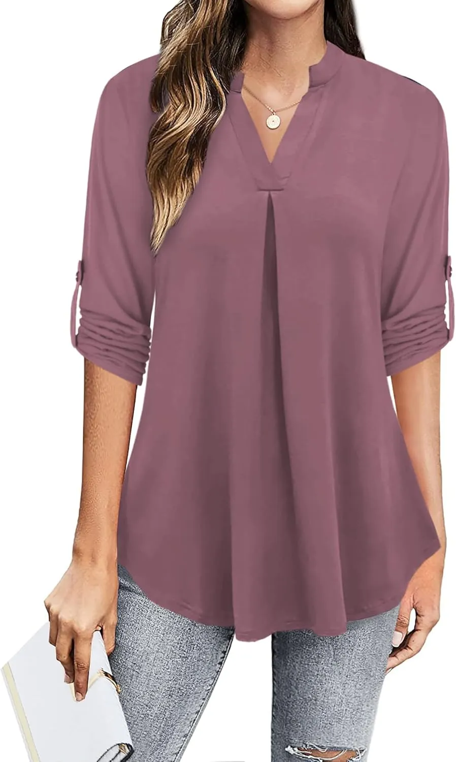 Ninedaily Womens Tops Dressy Casual 3/4 Sleeve V Neck Chiffon Shirt Work Blouses