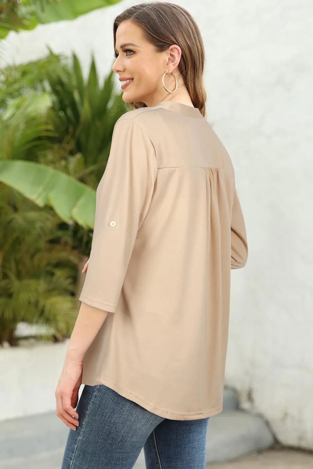Ninedaily Womens Tops Dressy Casual 3/4 Sleeve V Neck Chiffon Shirt Work Blouses