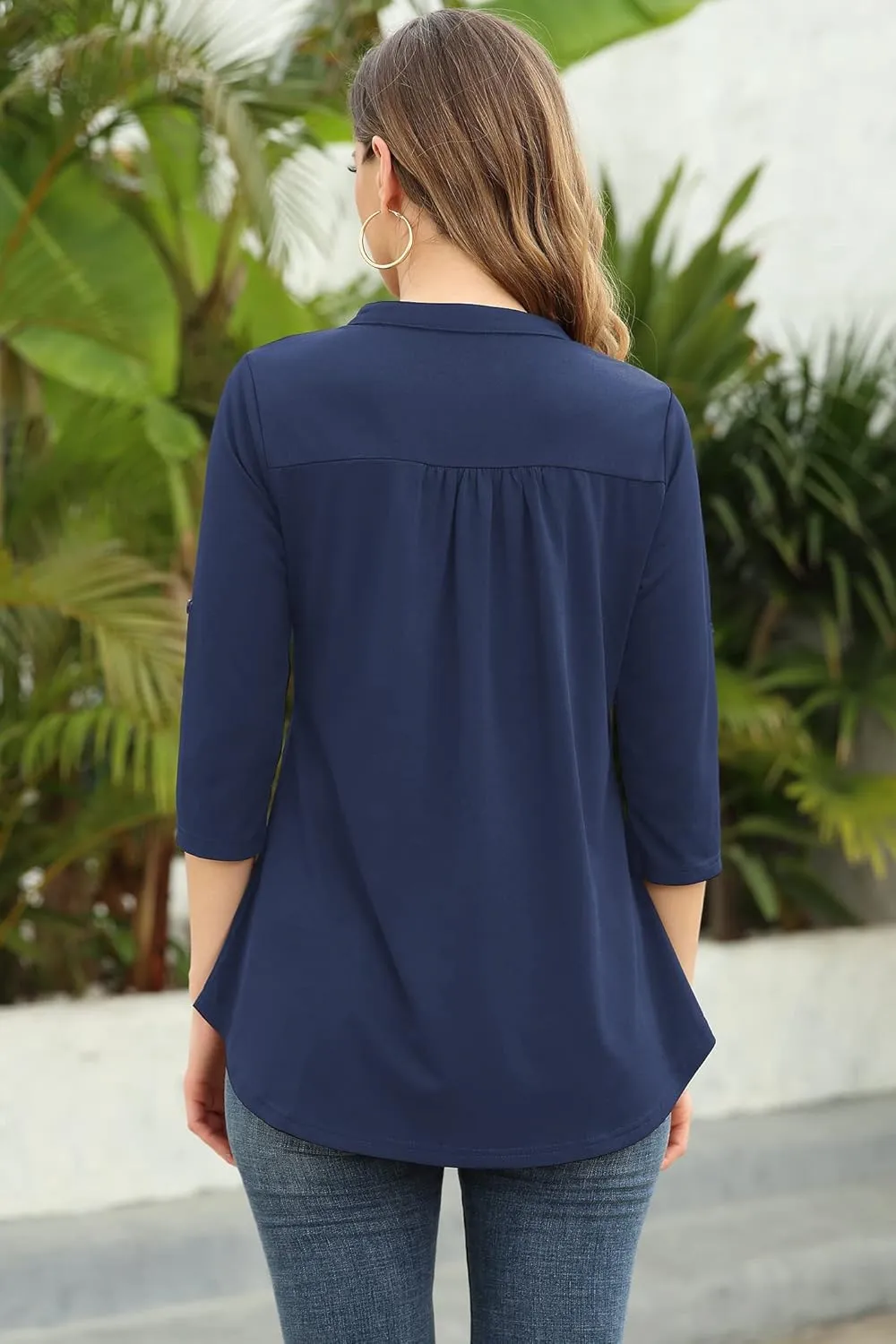 Ninedaily Womens Tops Dressy Casual 3/4 Sleeve V Neck Chiffon Shirt Work Blouses