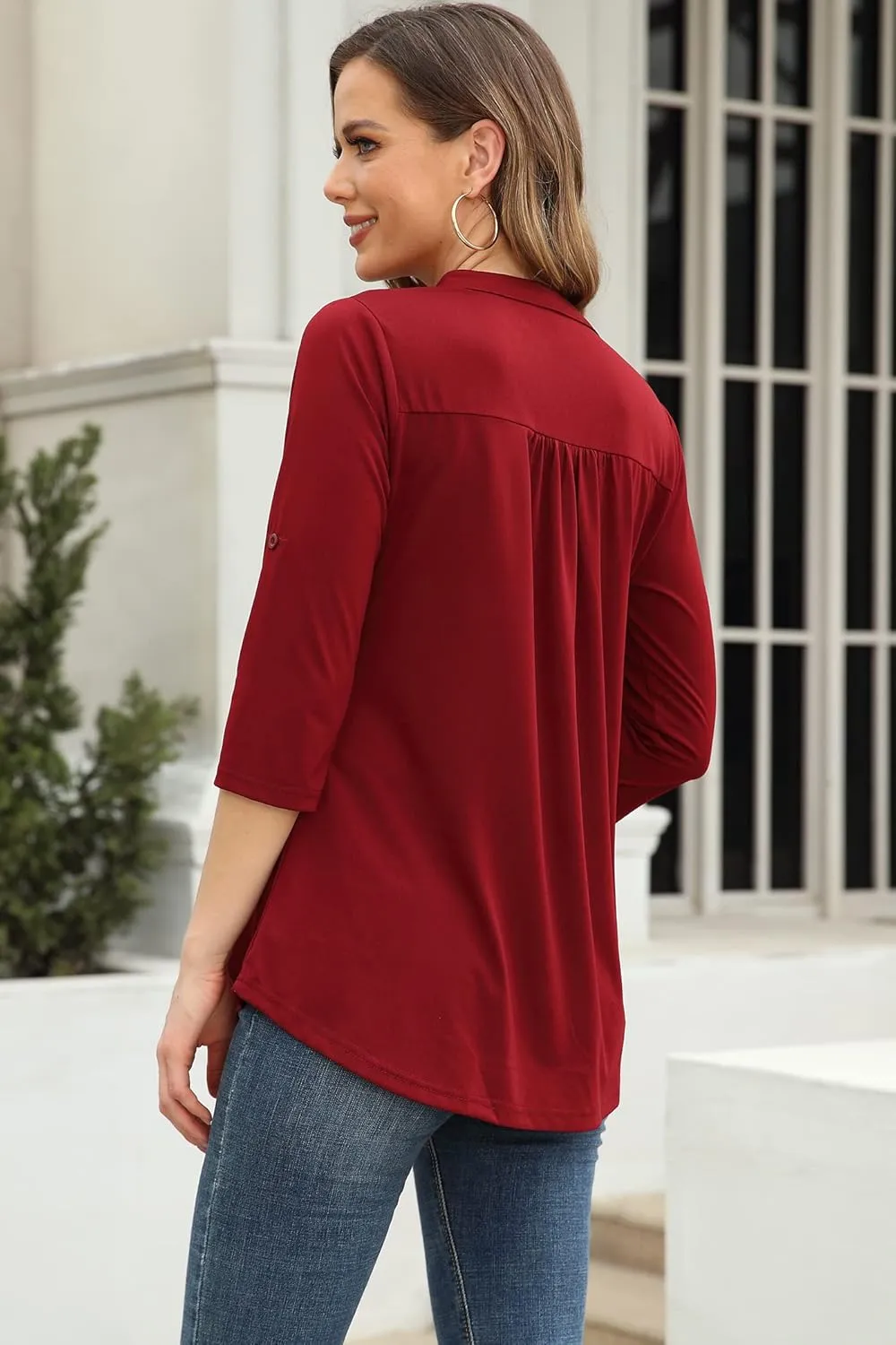 Ninedaily Womens Tops Dressy Casual 3/4 Sleeve V Neck Chiffon Shirt Work Blouses