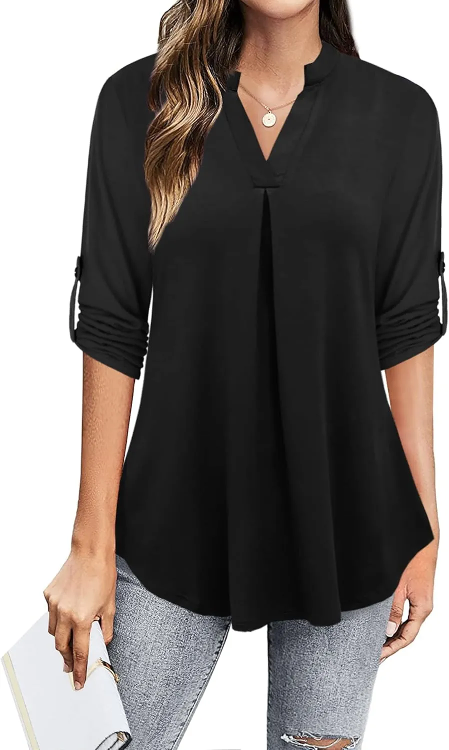 Ninedaily Womens Tops Dressy Casual 3/4 Sleeve V Neck Chiffon Shirt Work Blouses