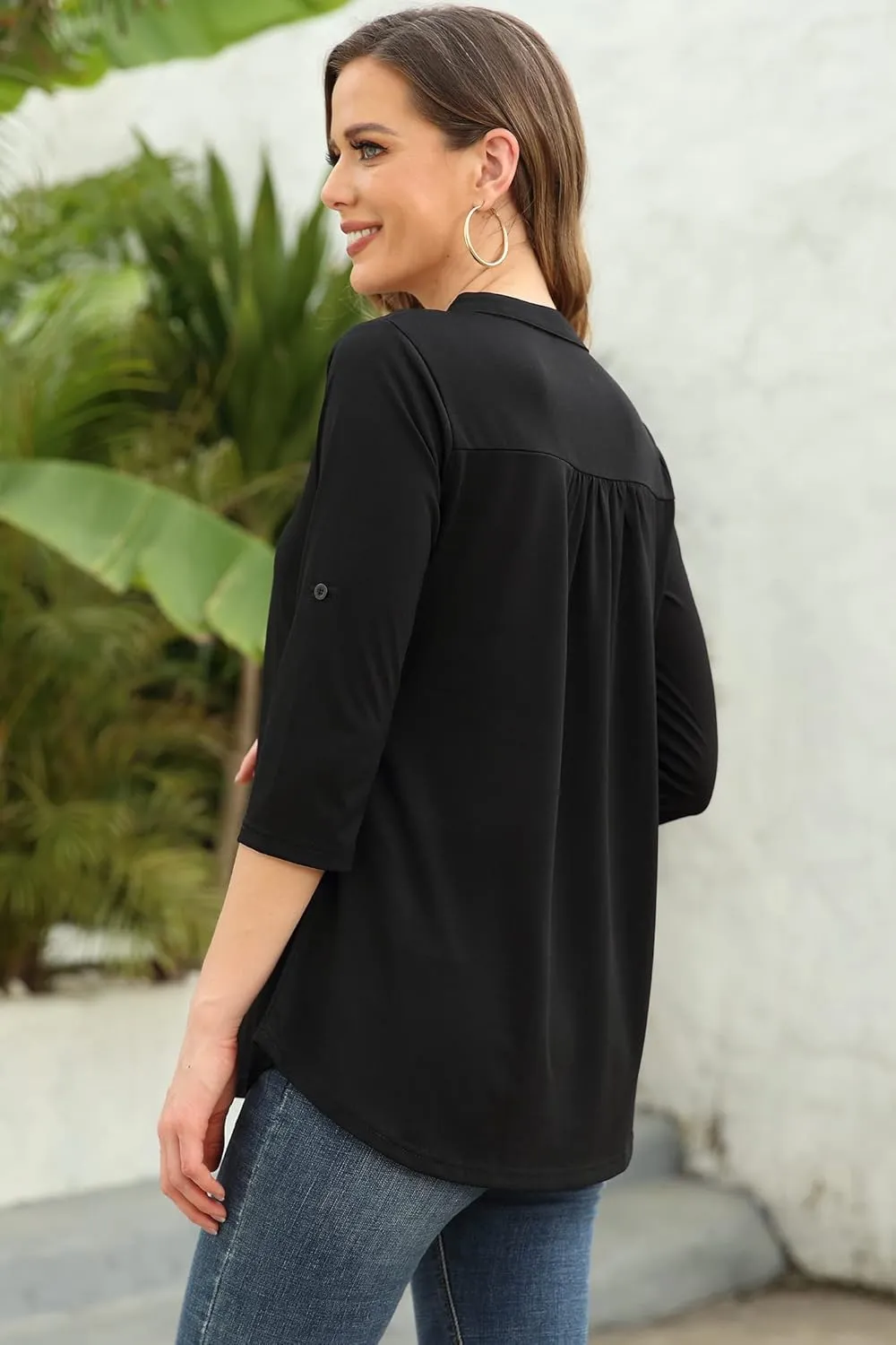 Ninedaily Womens Tops Dressy Casual 3/4 Sleeve V Neck Chiffon Shirt Work Blouses