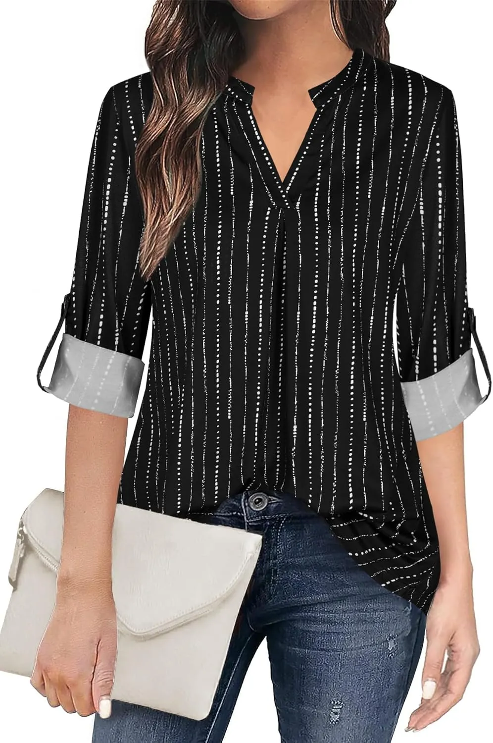 Ninedaily Womens Tops Dressy Casual 3/4 Sleeve V Neck Chiffon Shirt Work Blouses