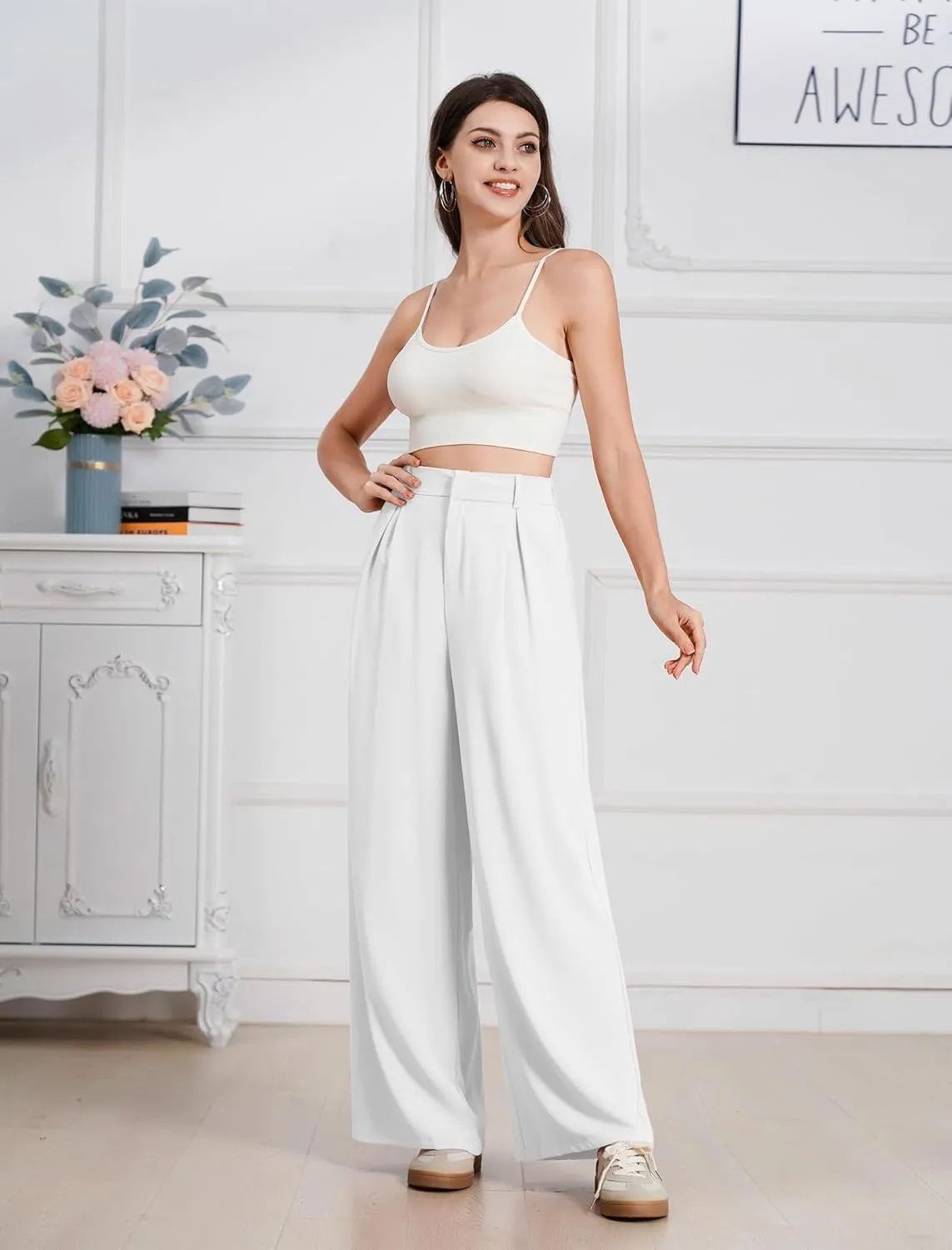 ODIZLI Women Casual Wide Leg Pants Elastic High Waist Dress Pants for Women Straight Trousers Pants