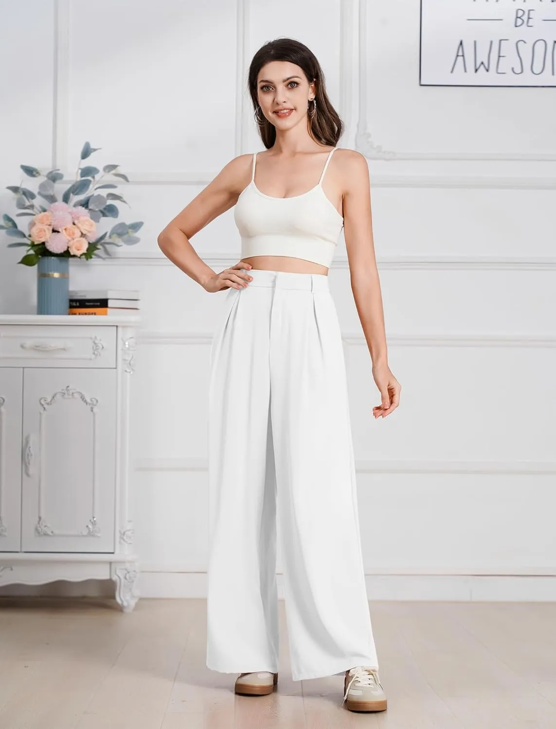 ODIZLI Women Casual Wide Leg Pants Elastic High Waist Dress Pants for Women Straight Trousers Pants