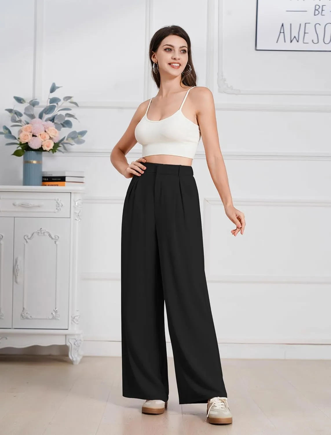 ODIZLI Women Casual Wide Leg Pants Elastic High Waist Dress Pants for Women Straight Trousers Pants