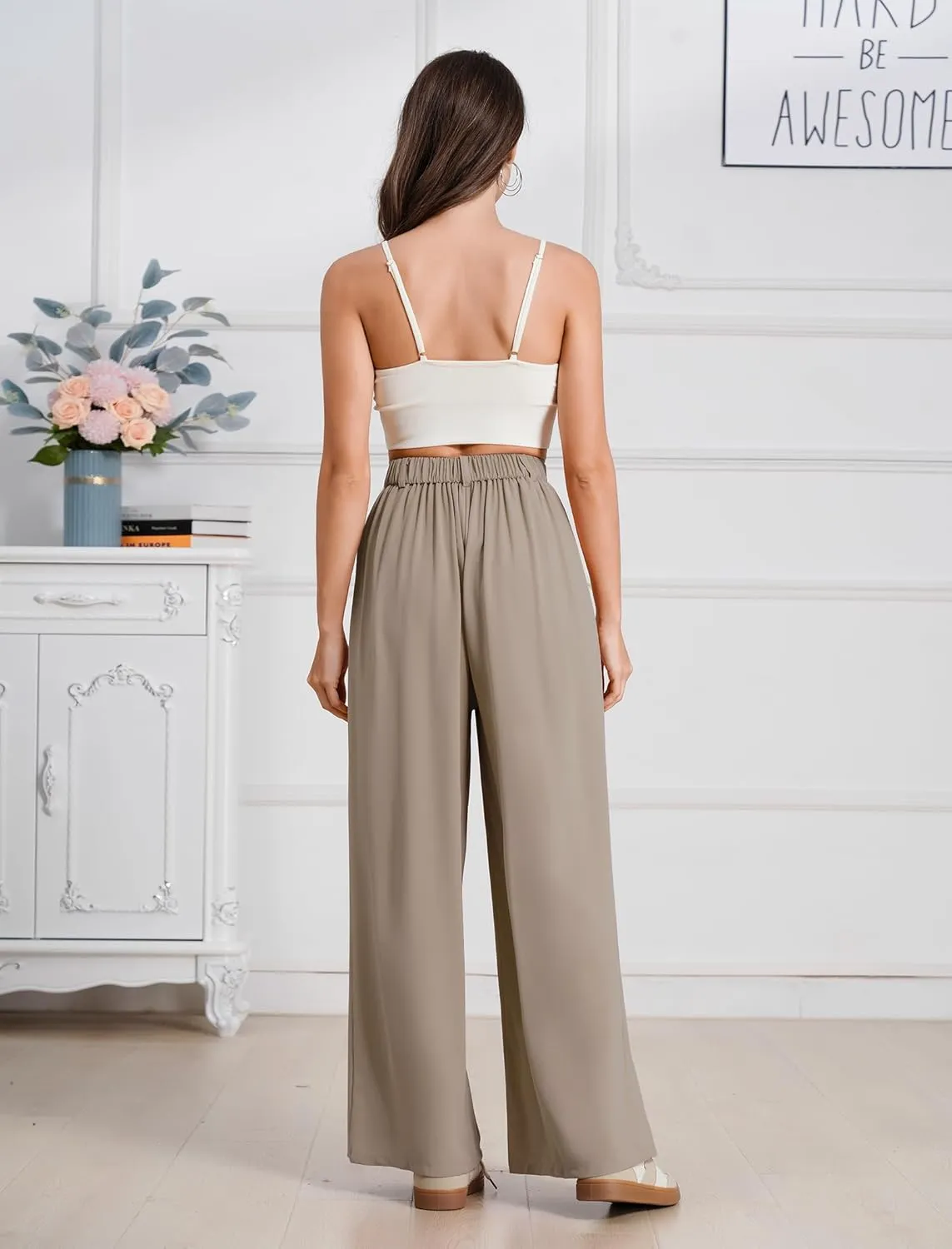 ODIZLI Women Casual Wide Leg Pants Elastic High Waist Dress Pants for Women Straight Trousers Pants