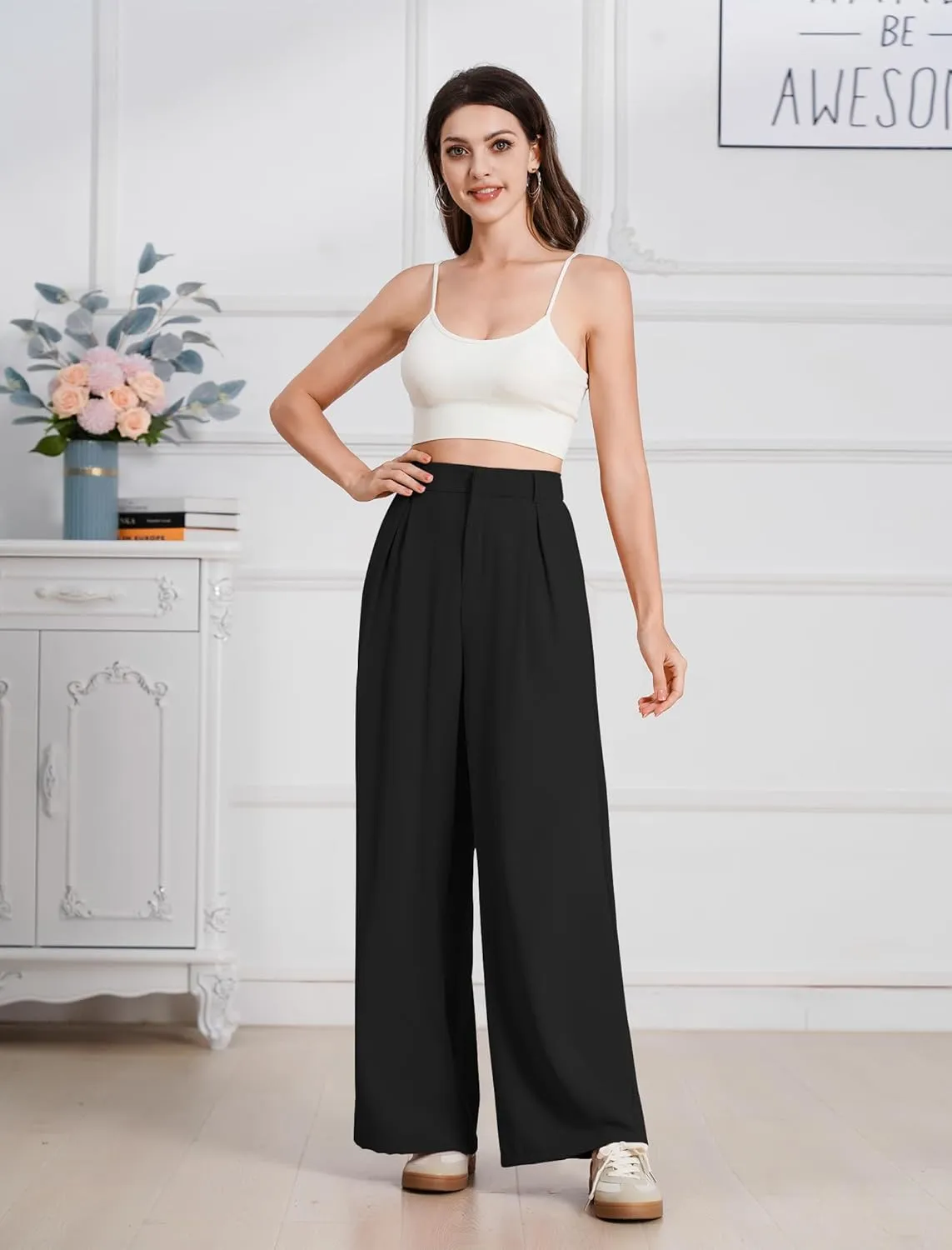 ODIZLI Women Casual Wide Leg Pants Elastic High Waist Dress Pants for Women Straight Trousers Pants